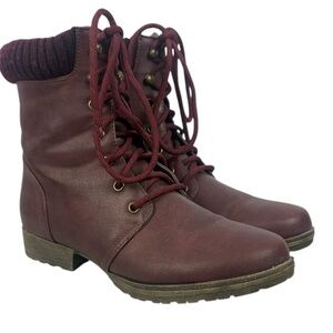 Just Fab Nyaling Knit Cuff Lace Up Combat Burgundy Faux Leather Boots Size 9